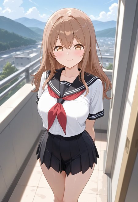 masterpiece, best quality, newest, absurdres, highres, anime,
yui takahashi,
1girl, solo, blush, smile,
white serafuku, red neckerchief, black sailor collar, short sleeves, black skirt,
scenery,
looking at viewer,