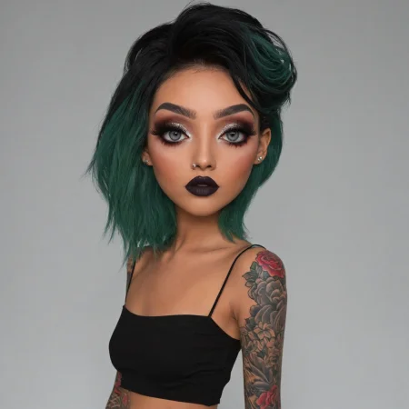 woman:NN person:NN has:VBZ striking:JJ features:NN makeup:NN styled:VBN into:IN short:NN spikes:NN wearing:VBN bold:JL eye:NN look:NN featuring:VBN darkly:AD lined:NN eyes:NN with:VP heavy:JL shadow:NN and:CC glitter:NN the:DT skin:NN is:JJ pale:NN and:CC the:DT lips:NN are:VBN painted:VBD in:IN a:DT deep:JJ matte:NN shade:NN of:NN red:NN  The:DT person:NN has:VBZ tattoos:NN on:NN their:DT face:NN and:VP arm:NN,NN adding:VBN to:IN their:DT edgy:JL appearance:NN A:DT smoky:JJ grey:NN or:CC black:NN hue:NN dominates:VBD their:DT facial:NN features:NN Additionally:AD ,NN they:NP have:VBZ dark:JJ eyebrows:NN that:CP complement:VBN the:DT overall:JL look:NN They:DT are:VBN donning:VBD what:VP appears:VBD to:IN be:NN a:DT silver:NN or:CC white:NN top:NN with:NP no:sleeves:NN,NN revealing:VBN a:DT hint:JJ of:NN shoulder:NN