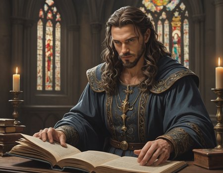Professional dark Chiaroscuro effect  [fantasy:sci-fi:0.25] scene of a (man reading from a thick spell book casting magical energy all around swirling ) dreaming with (proud Priestess in elegant flowing gowns ) Hanna (face looking sensuous:1.4) BREAK [Tempera :photograph:0.75] classical dnd art by ([Alexei Harlamoff : Ingrid Baars: 0.90]:1.4), detailed [eyes | pupils | face | teeth ] Steadicam Shot BREAK film grain, natural skin, [hyper realistic | detailed | intricate | best quality | hyper detailed | ultra realistic | HQ |8K | UHD | 16K | ornate | masterpiece art] , (photo realistic:1.4), sharp focus, bokeh, depth of field, rule of thirds, at expansive Gothic cathedrals midnight <lora:Perfect Hands v2:1.4> BREAK ((epic high quality detailed illustration of hero's journey story of hero confronting villain during climatic showdown :1.5)),
