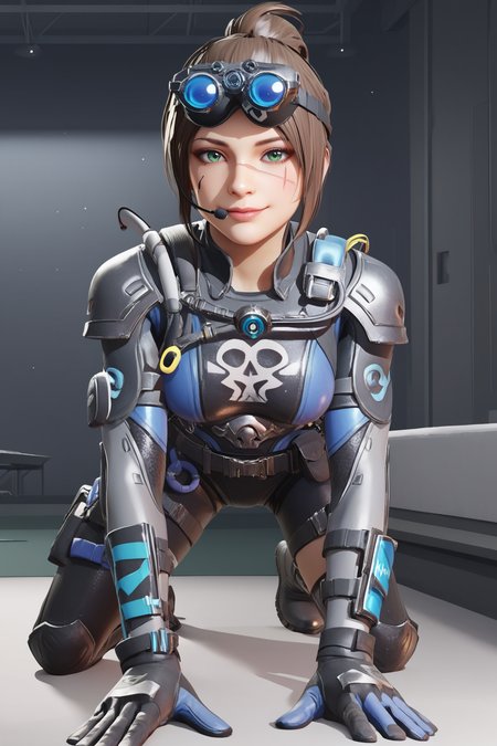 score_9, score_8_up, score_7_up, score_6_up, BREAK, AliasDeepDCODXL, scar on cheek, green eyes, brown hair, short hair, single hair bun, headset, googles on head, medium breasts, black armor, shoulder pads, blue bodysuit, black bodysuit, multicolored bodysuit, skull print, blue gloves, black belt, black shorts, black thighhighs, black boots, solo, all fours, seductive smile, looking at viewer, indoors <lora:AliasDeepDCODXL:0.9>