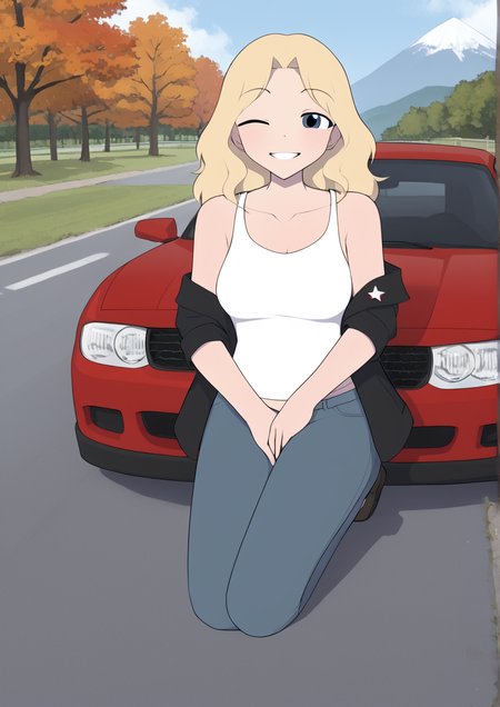 1girl, kay (girls und panzer), huge breast, autumn, bare shoulders, blonde hair, blush, breasts, car, denim, dodge challenger, green car, grin, jacket, jeans, lamppost, long hair, looking at viewer, motor vehicle, mountainous horizon, off shoulder, one eye closed, outdoors, pants, road, shoes, sitting on car, smile, solo, tank top, tree, twilight, vehicle focus, white tank top,,handfixer <lora:HandFixer_pdxl_Incrs_v1:1> <lora:Sour_Lemonade:1>