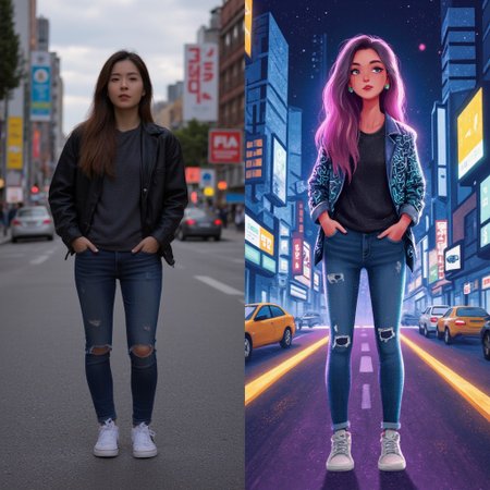 This image pair celebrates a transformation from modern urban life to futuristic artistry; [IMAGE1] the photograph shows a woman standing on a city sidewalk at dusk, wearing a leather jacket, ripped jeans, and sneakers, with neon signs and bustling traffic behind her; [IMAGE2] the illustration reimagines her as a cyberpunk heroine, her jacket glowing with neon circuitry patterns, her sneakers upgraded with hover pads, and the background replaced by a vibrant, futuristic cityscape filled with glowing skyscrapers and holograms.