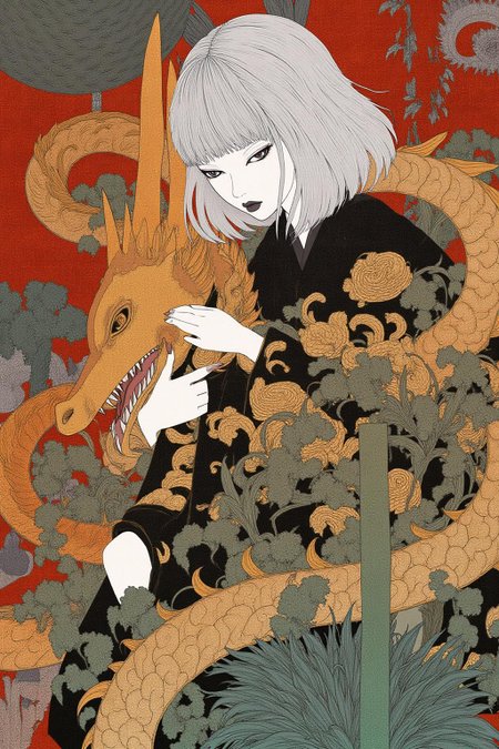 kchiba1 illustration. 
A woman embracing a dragon. She has shoulder-length, straight hair with bangs that frame her face. <lora:kchiba1_cap_d6a3:1.0><lora:837656366899408098:0>