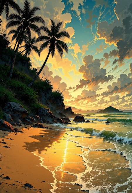 Caribbean Hidden Beach – Golden Glow & Coconut Trees
"A secluded Caribbean beach bathed in golden light, where towering coconut palms lean toward the water. The sand glows with a warm amber hue, and the gentle waves sparkle as they meet the shore. A distant island is visible on the horizon, framed by the pastel-colored sky melting into the sea."