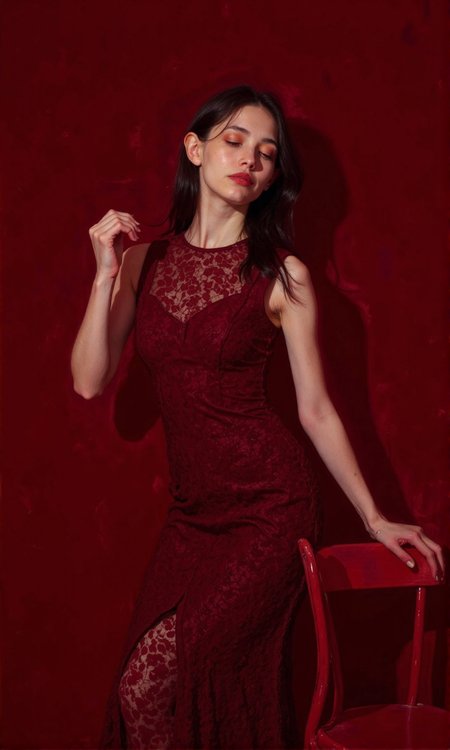 Full shot of a woman wearing a maroon lace dress. 
The woman is posed against a deep burgundy-red background, which complements the color of the dress.  Her expression is gentle and contemplative, with her eyes looking downward.  Her hair is dark brown or black, and it falls past her shoulders. She is lightly made up, with a subtle application of eyeshadow and a hint of red lipstick.
The dress is a fitted midi-length style and is crafted from a delicate, textured lace.  The lace pattern is noticeable and adds intricate detail to the piece.  The dress has a slightly higher neckline and sleeveless design.
The woman's posture is relaxed, and she is leaning slightly toward the dress itself. One arm rests casually on the back of a red chair close to her in the composition, providing a sense of the environment the photo was taken in. The woman's skin tone looks pale.
The lighting in the image is soft and diffused, casting no harsh shadows, providing a flattering look and creating a mood of elegance and serenity., <lora:FLUX-daubrez-DB4RZ-v2:1> DB4RZ, DB4RZ style painting