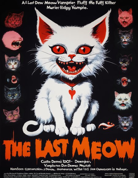 movie poster, edgy horror comedy from the 1970's, "the last meow", featuring a cute fluffy demon vampire murder kitten