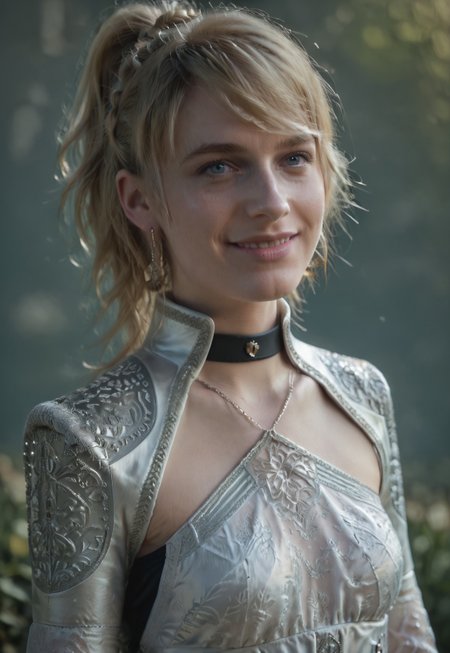 Stable_Yogis_PDXL_Positives, score_9, score_8_up, score_7_up, realistic, natural skin texture, fine pores, realistic skin, intricate skin details, skin dentation, skinny, lunafreya, 1girl, solo, high ponytail, crownbraid, blue eyes, blonde hair, swept bangs, portrait, lips, nose, smile, choker, white dress, jewelry, earrings, necklace, criss-cross halter, halterneck, shoulder pads,