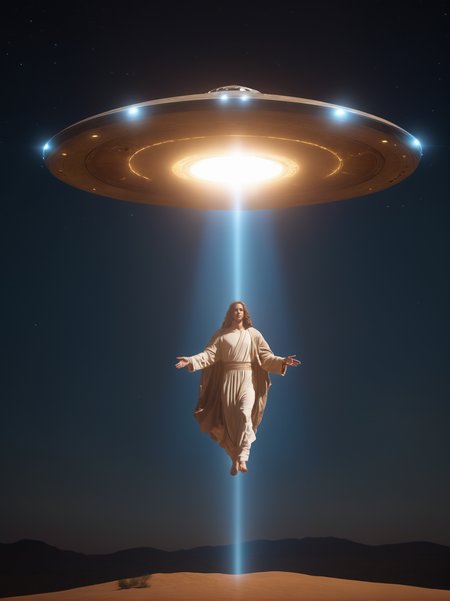 Jesus Christ facing camera levitating out of UFO in style of christ of saint john of the cross,  Large UFO at top of image with beam of light shining down towards the ground , perfect symmetry, highly detailed,  Beautiful lighting, in style of 1984 Dune, photoreal, 4k, depth of field, night scene, light from ufo shining on ground