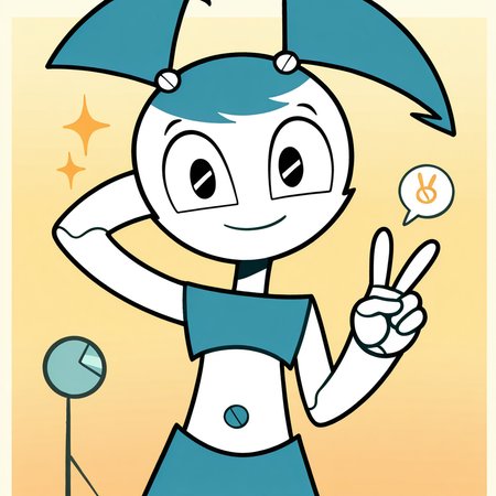 (masterpiece), (best quality), absurdres, intricate details, highres, <lora:XJ9_ILLUS_2:1> , xj1, 1girl, twintails, jenny wakeman, robot,  robot, android, robot joints,  crop top, skirt, looking at viewer, black eyes, smile, no nose, arm behind head, peace sign, v,