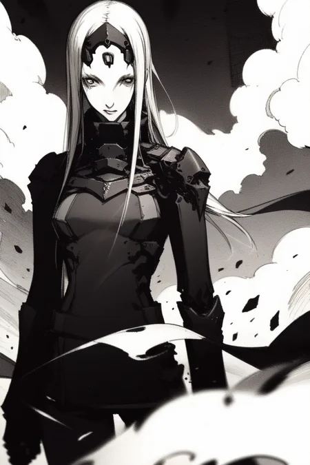 <lora:blame5:1>, pcell, smoke, battle scene, weapon, sword, debris, (best quality, highly detailed face:1.3)