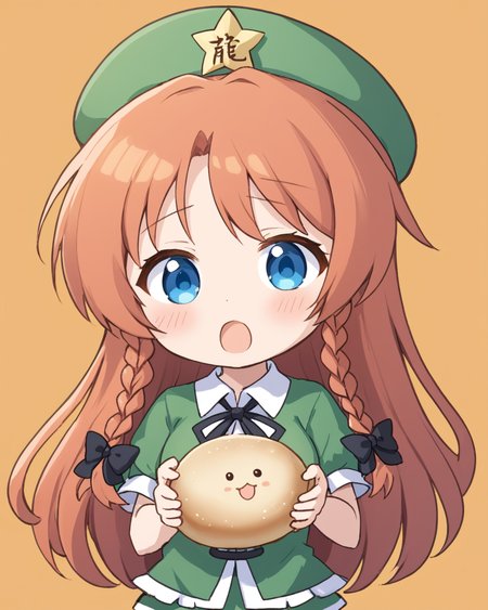 hong meiling,1girl, star_hat_ornament, solo, star_\(symbol\), green_headwear, twin_braids, beret, open_mouth, eating, baozi, chibi, blush, simple_background, orange_background, looking_at_viewer, :3, holding, black_bow, upper_body, shirt, hair_bow, ribbon, chinese_clothes
<lora:hong_meiling_image3632_2023-12-11-000004:1>,star-shaped_pupils,symbol-shaped_pupils,. gorgeous,key visual, vibrant, studio anime,award-winning, professional, highly detailed,high budget, cinemascope