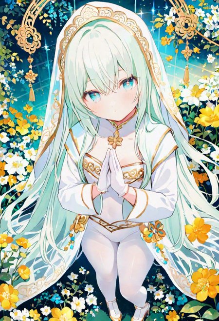 Best quality, masterpiece, fantasy flower garden, view from above, one petit priestess girl with flat chest, shining hands bound in prayer, standing upright, detailed light green long loose hair, priestess' veil, cute smooth face, gentle smile, detailed light blue eyes, detailed make up, jewelry, pure white clothes, shawl, white turtleneck leotard with long sleeves and gloves, slim waist, slim belly, thick clavicle, micro skirt, thick hips, thick thighs, white tights, heels
