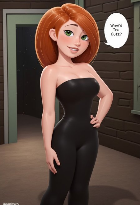 painterly artwork, 1girl (kim possible,twenty years old, red hair) full body, smiling, little black dress, heels, masterpiece fine details, breathtaking artwork, painterly art style, high quality, 8k, very detailed, high resolution, exquisite composition, no deformation, word balloon reads "What's The Buzz?"