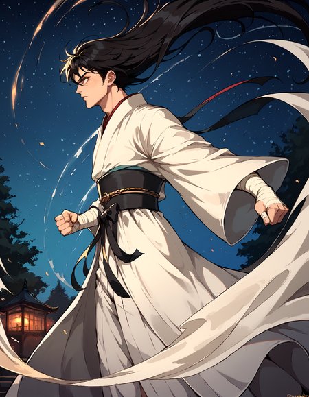 score_9, score_8_up, score_7_up, score_6_up, source_anime, masterpiece, detailed, refined, 1boy, solo, teenager, freckles, fantasy, detailed background, (huge tree on the center of background), night sky, stars, white kimono, hand wrap, fighting stance, black hair, from side, looking to the left