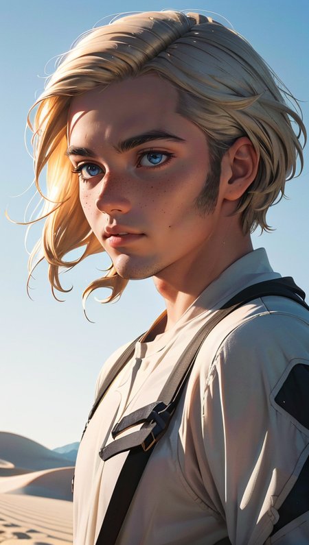 (best quality, masterpiece, colorful, dynamic angle, highest detailed)upper body photo, Stunning girl walking on white sand dunes, white sands national park, long white detailed hair blowing in the wind, ultra high res, (photorealistic), 1girl, blonde hair, cinematic, 8k, RAW photo, highly detailed skin texture, portra 400, film grain, real photo, moody lighting, dramatic lighting, petite body, goosebumps on skin, freckles,  (intricate details, hyperdetailed:1.15), detailed, light passing through hair, (official art, extreme detailed, highest detailed), <lora:gender_slider_v1:-5>