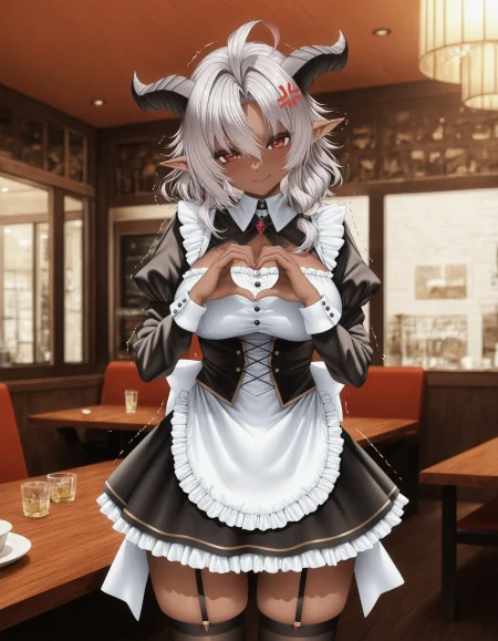 1girl, Heine, dark skinned female, (eichi \(yashokuya\):0.9), (fouriasensei:0.9), (piromizu:0.8), standing, heart hands, trembling, head tilt, restaurant, grey hair, middle hair, red eyes, demon horns, curly hair, pointy ears, ahoge, medium hair, maid, frilled skirt, miniskirt, black thighhighs, looking at viewer, smile, cross-popping vein, masterpiece, best quality, extreme quality, cg, 8k<lora:illustrious/character/Heineハイネ戦闘員派遣します.safetensors:1.0>,
