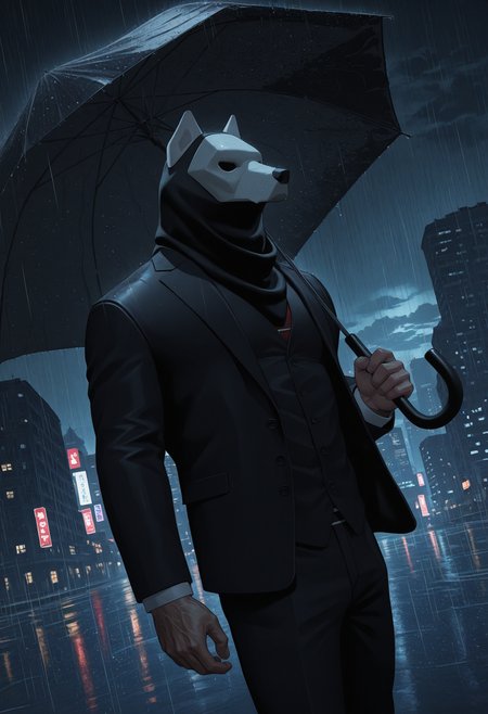 solo, male focus, 1boy, al3ks1s, black and white mask, black suit, holding umbrella, rain, dark cloud, city, night, muscular, outdoors, ray tracing, dramatic lighting, dutch angle,
perfect anatomy, masterpiece, perfect quality, best quality, amazing quality, detailed, newest, very aesthetic