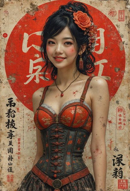 a young happy  pretty  lady in a corset, dark make up and a random background, cheerful, vibrant colours,   <lora:flux-lora:1> painting, japanese