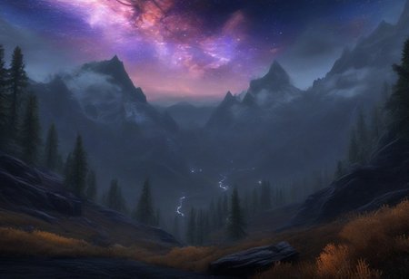 Beautiful outdoor, nature, no humans, mountains, dark twilight, milkyway galaxy, nebula, astrophotography,  forest, masterpiece, sharp focus, photorealistic rendering, extremely detailed description, <lora:zavy-mthcl-sdxl:0.5> <lora:Detailed_notrigger:1> <lora:Wildcard-Detail_Enhancer:1>, zavy-mthcl, skyrimlandscapes,