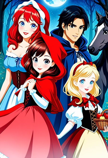 8K. Little Red Riding Hood with (brown bob hair:1.05), (blue eyes:1.05) and SnowWhite with (bob black hair:1.05), (and black eyes:1.05) (Enchanted home environemnt)
Anime_theme. Two_people
<lora:Little Red Riding Hood XL + SD1.5LITTLE RED RIDING HOOD_v:2.0>
<lora:DIsney Princesses PONY EDIT by Foxie Queen>