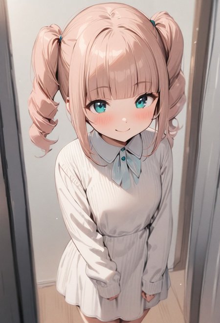 masterpiece, best quality,  1girl, solo, twin drills, twintails, blunt bangs, soft peach hair, aqua eyes, smile, long sleeves, white dress, standing, no desks