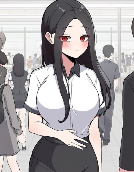 masterpiece, best quality, newest, absurdres, highres, safe,, <lora:yoo-jae-kyung-manhwa-illustriousxl-lora-nochekaiser:1>, yoo jae-kyung, long hair, large breasts, black hair, red eyes, forehead,, skirt, shirt, white shirt, short sleeves, collared shirt, black skirt, pencil skirt, office lady,, mall, shops, people, shopping, big, , hand on stomach, blush, looking at viewer, solo,, cowboy shot, solo