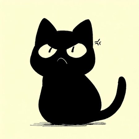 masterpiece, best quality, simple illustration, 1cat, full body, black cat, mad, frown, angry, standing, with a coffue mug on the hand