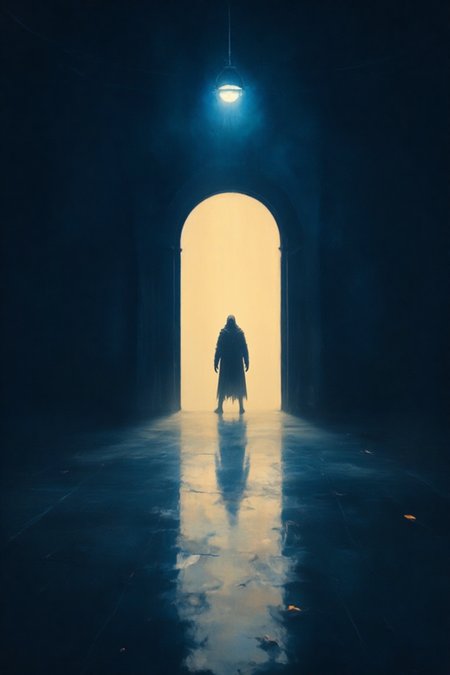 A captivating dark fantasy painting that captures a solitary figure standing in a minimalist, dimly lit room. The large, arched doorway emits a warm, golden light, contrasting with the cool blue hue cast by the single overhead light. The smooth, reflective floor mirrors the ethereal light, adding depth to the scene. The figure, shrouded in mystery, appears to be contemplating the doorway, inviting viewers to ponder the unknown. The overall atmosphere is one of introspection and intrigue, perfect for a cinematic poster or a captivating art piece., painting, cinematic, poster, dark fantasy, glicthyxhan