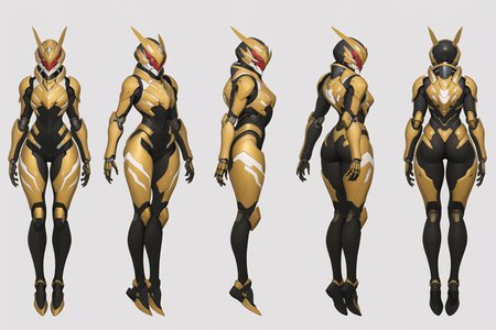 (GENERAL:0), mecha, robot, masterpiece, best quality, very aesthetic, absurdres, solo, standing,
(VIEWS:0),  full body character turnaround of mecha,
Multiple views of the same mecha,  (simple background, white background:1.2), multiple views, side view, back view, front view, 
,
mask, helmet,
Cicada \(insect\)ï¼
Bio Booster Armor Guyver,
plate armor, power suit, alien,
android, cybersuit, upper armor, mechanical arms, machinery, prosthesis,
(bodyshape:0), Pear-shaped body,
(clothing:0), (Long-sleeve running top and running shorts:0.6), 
(gold  
Gothic  theme character design:1.1),
 <lora:MechTurnXLRemix_v1:.75>
 <lora:MechTurnXL_v1:.25>
<lora:ClothTurnXLRemix_v1-000004:.25>
 <lora:ClothTurnXL_v1-000004:0.25> 
<lora:CharTurnXL_v2:0.25>
 <lora:xl_more_art-full_v1:.25>,
 <lora:Alphonse Mucha Style:.1>, Alphonse Mucha Style page
 <lora:å½é£æç»SDXL:.1>