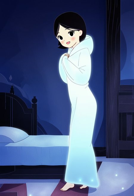 zPDXL3, source_cartoon, Perfect Hands, full body,
1girl, solo, aged down, bedroom, looking at viewer, saoirse, black hair, black eyes, blush, ghost, hood up, robe, barefoot, glowing, dancing on bed, from side, facing at viewer, feeling cold, eyes open, smile, open mouth, sleeve past wrist, slim body, long body, highlight cloth wrinkle, anime style, left leg in the air,
<lora:Perfect Hands:1>  <lora:Saoirse_-_The_Song_of_the_Sea-000009:1>