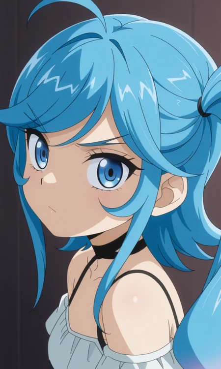 1girl, solo, kamijo_epoch, blue hair, multicolored hair, side ponytail, ahoge, blue eyes, black choker, black wear, bare shoulders, portrait, looking at viewer, masterpiece,best quality,amazing quality,very aesthetic,absurdres,newest,