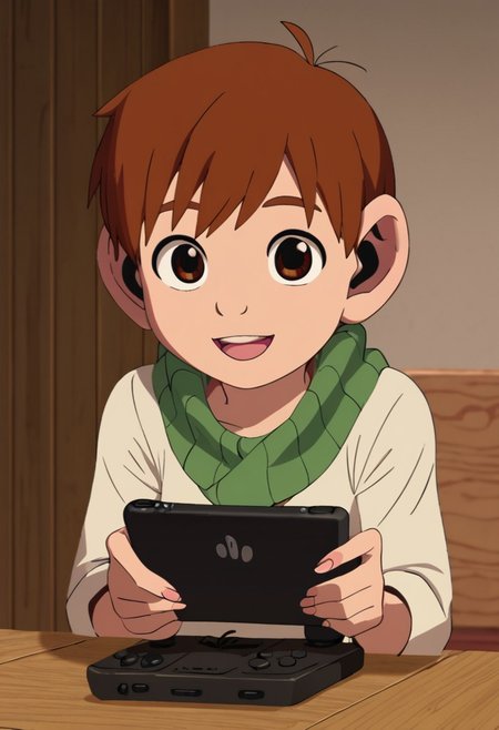chilchuck_tims, brown hair, brown eyes, solo, at living, playing console game, happy expression