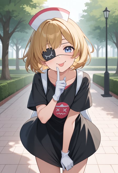 1girl,solo,<lora:yakkochanil:0.9>,yakkochan,blue eyes,blonde hair,brown hair,short hair,eyepatch,nurse cap,dress,black dress,oversized shirt,short sleeves,white gloves,bag,looking_at_viewer,cowboy_shot,head_tilt,smile,giggling,leaning_forward,index_finger_raised,hand_to_mouth,:p,day,park,wind lift,incredibly absurdres,masterpiece,best quality,good quality,newest,