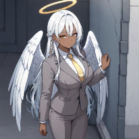 masterpiece, best quality, newest, absurdres, highres, PCSVIL-V1.0, pixel art, 1girl, dark skin, dark-skinned female, grey suit, suit official attire, official clothes, nectie, yellow necktie, white hair, long hair, braid, single braid, angel, angel girl, halo, wings, angel wings,