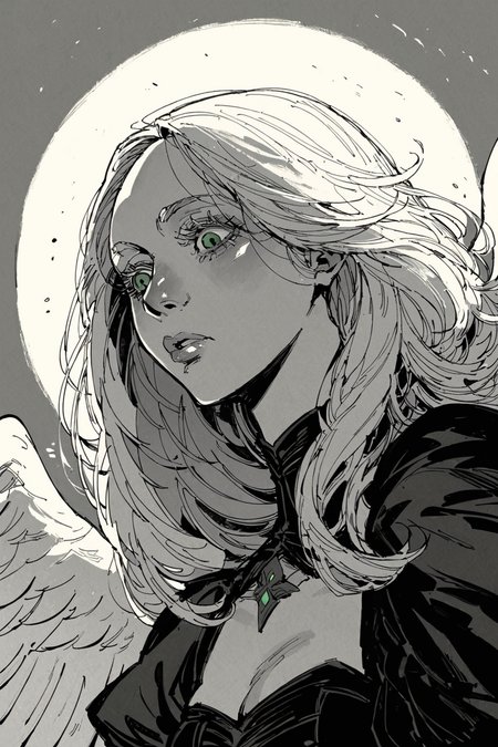 score_9,score_8_up,score_7_up,score_6_up,medium shot,young girl,long hair,(white hair),eyelashes,gothic,green eyes,((monochrome)),DnD_Grainyboyz,grainy,noise,1970's dark fantasy book cover paper art dungeons and dragons style drawing,angel wings,from below,straight hair,<lora:discoelysium_v2:0.6>,<lora:DnD_Grainyboyz SDXL Lora:0.4>,<lora:Neo-Ukiyo:0.7>,<lora:Expressive_H:0.7>,