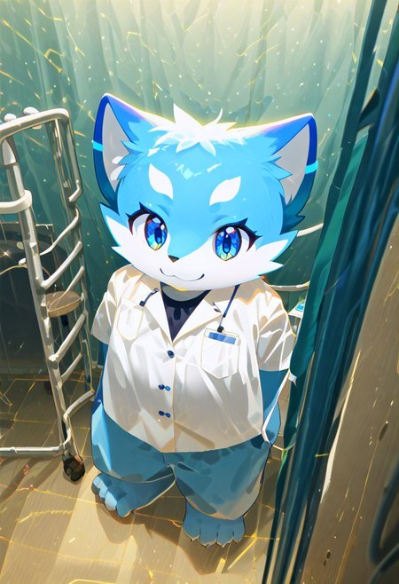 levelonerubili, zuppu11, animal, blue eyes, blue fox, (bdr), furry, furry male, no humans, hospital, score_9, score_8_up, score_7_up, zPDXL3, looking at viewer, solo, cute, white doctor shirt, from above