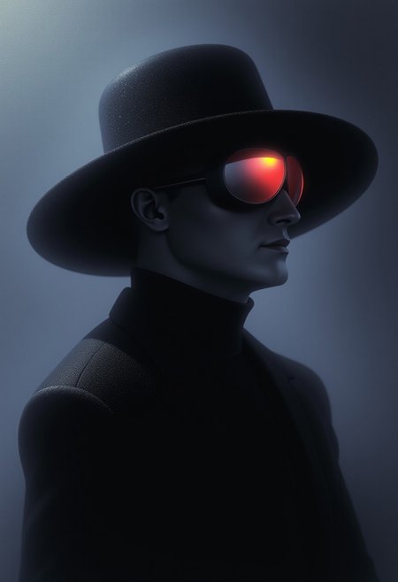 An ethereal image of a mysterious figure in a dark hat and surreal goggles, evoking a neo-noir vibe with subtle metallic and reflective textures, in the style of AETHR
