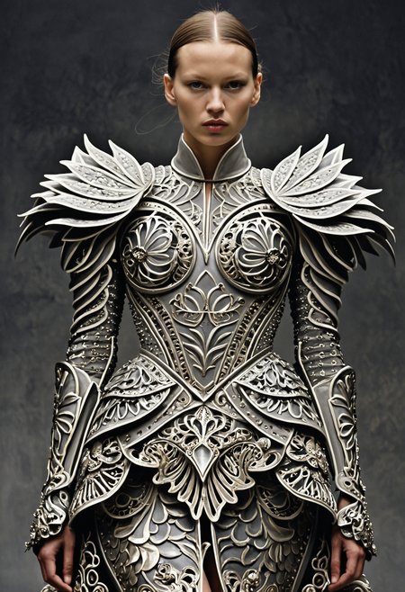 Surrealist art <lora:Alexander McQueen-concept art-000005:1>, alexander mcqueen, concept art, armor dress . Dreamlike, mysterious, provocative, symbolic, intricate, detailed