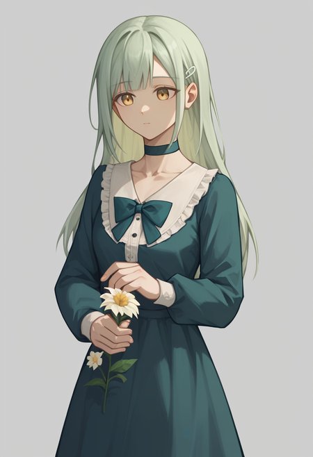 score_9,score_8_up,score_7_up,<lora:wakaba_mutsumi_tomori_pony_v1:1>,standing, chinese_commentary, bowtie, 1girl, simple_background, long_sleeves, holding, choker, grey_background, solo, wakaba_mutsumi, collarbone, flower, dress, highres