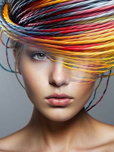 free flowing, high definition, color theory, stunning, sharp focus, close up of head,  portrait of a girl, double exposure, twisted steel cable , amora-style <lora:antonio-mora-style:1>