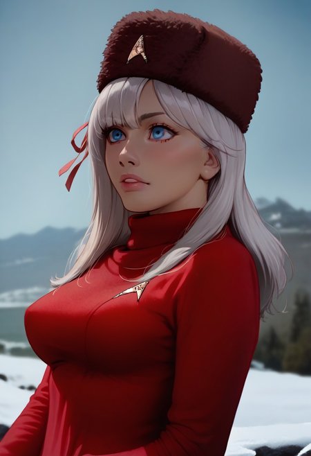 score_9, score_8_up, score_8_up, raw, (solo), 1girl, female focus, 
amkkj, large breasts, long hair, silver hair, crossed bangs, blue eyes, hair ribbon, medium breasts, red papakha, fur hat, star trek sweater, 
(star trek uniform, red uniform),
starship bridge, electronics consoles, electronic displays,
arcan3styl3v1, blurry background, depth of field, outdoors, cowboy shot, standing, holding scanner, snowy environment, rocky environment,