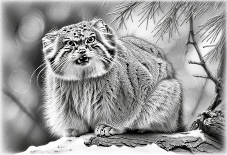 extreme closeup head shot of an annoyed manul on a branch, Otocolobus manul, looking at viewer, angry, mouth open, background of pines and fir, dead bush, few snowy rocks, snow, light snowfall, tree trunks, Jed-Pen