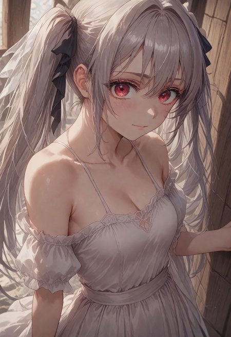 score_9, score_8_up, score_7_up ,source_anime,highres,16k, official art,beautidul detailed hair,beautiful detailed eyes,perfect anatomy,hairdetailer,very aesthetic, absurdres, intricate detailed, very aesthetic,cute face,clear skin,shiny hair,rating_explicit,
 in the castle, princess,view from behind,looking back,
1girl, bare shoulders,cleavage,  collarbone, tiara, white dress,hair ornament,ribbon on waist, 
<lora:lynneburg-clays-s1-ponyxl-lora-nochekaiser:0.8>, lynneburg clays, long hair, red eyes, twintails, grey hair, hair intakes, hair ribbon,  smile, solo, full body,
,<lora:detail_eyes:0.><lora:add-detail-xl:0.5>, <lora:flat_sdxl:-0.5> , <lora:Alien_Hive:0.4>,
 <lora:xl_fairy_dress-1.0:0.8>