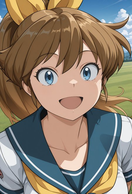 mugen_ryuko, blue eyes, brown hair, long hair, ponytail,  school uniform, serafuku, yellow neckerchief, white shirt, short sleeves, <lora:mugen_ryuko_illustrious_ver2:0.9> 
smile,, masterpiece, best quality, sensitive,, 1girl, solo, blue sky, (grasslands:1.2), looking at viewer,, (upper body:1.2), (close-up:1.2), (facing viewer:1.2), (open eyes:1.4), (portrait:1.2)