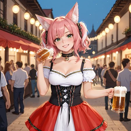 cinematic film still score_9, score_8_up, score_7_up,source_anime, (solo),  1woman, pink hair, twintails, fox ears, green eyes, light smile, blush, head tilt, medium breasts, outdoors, cowboy shot,crowd, party, BREAK   <lora:Oktoberfest_sexy_dress:0.8> okdir_1, sexy off-shoulder dress, short sleeves, drinking, beer mug, blurry background,  . shallow depth of field, vignette, highly detailed, high budget, bokeh, cinemascope, moody, epic, gorgeous, film grain, grainy