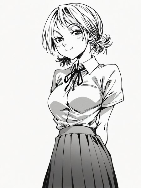 score_9, score_8_up, score_7_up,  
1girl, monochrome, 

amane midori, short twintails, medium breasts

white background, solo, standing, smile, closed mouth, narrowed eyes, looking at viewer, arms behind back,

white shirt, neck ribbon, short sleeves, school uniform, pleated skirt, 