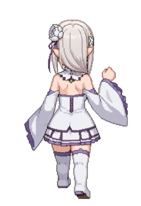 score_9, score_8_up, score_7_up, source_anime,
BREAK
<lora:shiSpriteV3:1.0>, backwalkright, chibi, full body, from behind,  
simple background, white background, 
1girl, solo, anime screencap, anime coloring,
<lora:shiEmiliaV2:1> shimilia, long hair, grey hair,
pointy ears, hair flower, purple ribbon, x hair ornament, 
white dress, bare shoulders, wide sleeves, white thighhighs, thigh boots,