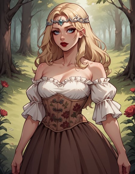 score_9, score_8_up, score_7_up, score_6_up, score_5_up, score_4_up, source_anime, 1girl, long blonde hair, makeup, red lipstick, hud_forest_fairy_dress, white and brown dress, puffy sleeves, floral corset, silver circlet, bare shoulders, <lora:forestfairyxlp_epoch_8:0.6>,