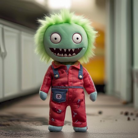 <lora:stuffed-toy_XL:1>,stuffed-toy, overalls, stitches, blurry background, horror \(theme\), blurry, solo, zombie, teeth, no humans, full body, standing, blood