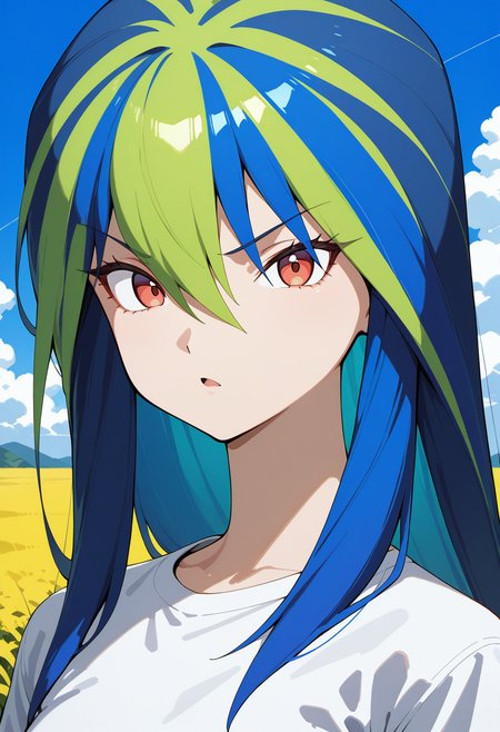 zakennjya_neeyo, red eyes, multicolored hair, green hair, blue hair, two-tone hair, long hair, hair between eyes, white shirt, short sleeves, denim skirt, <lora:zakennjya_neeyo_illustrious_ver1:0.8> 
glaring, 1girl, solo, (field:1.2), (blue sky:1.2), looking at viewer,, masterpiece, best quality, general,, (upper body:1.2), (close-up:1.2), (facing viewer:1.2), (open eyes:1.4), (portrait:1.2)